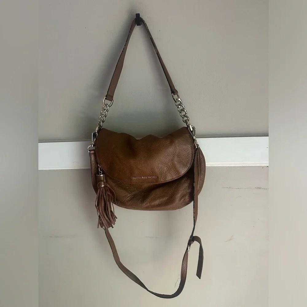 Michael Kors Brown Pebbled Leather Shoulder Bag with Tassel Accent